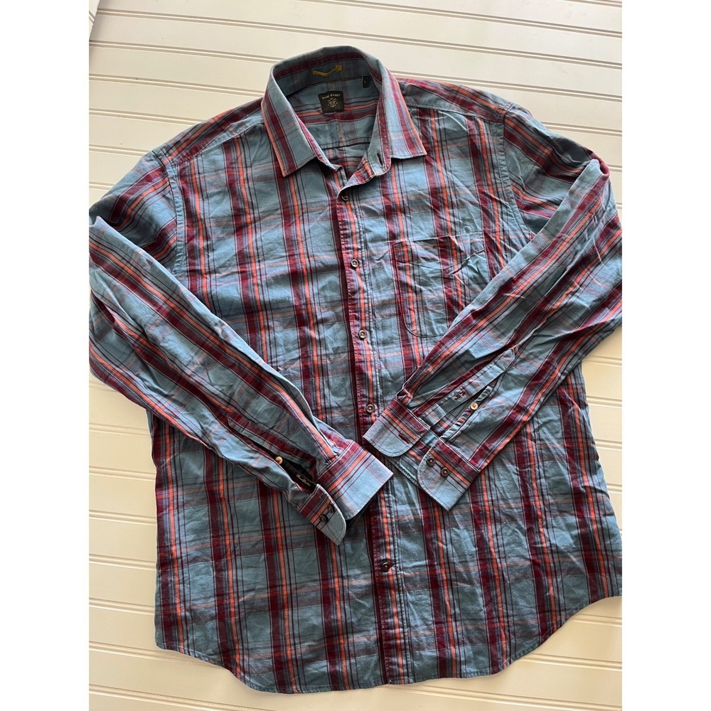 Rare Rabbit Mens Large Blue Orange Plaid Cotton Long Sleeve Button Down Shirt
